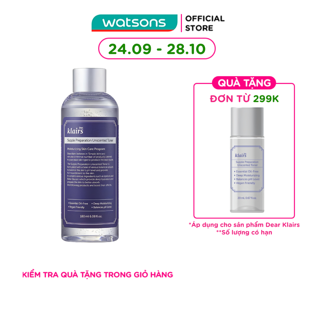 Nước Hoa Hồng Không Mùi Dear Klairs Supple Preparation Unscented 180ml