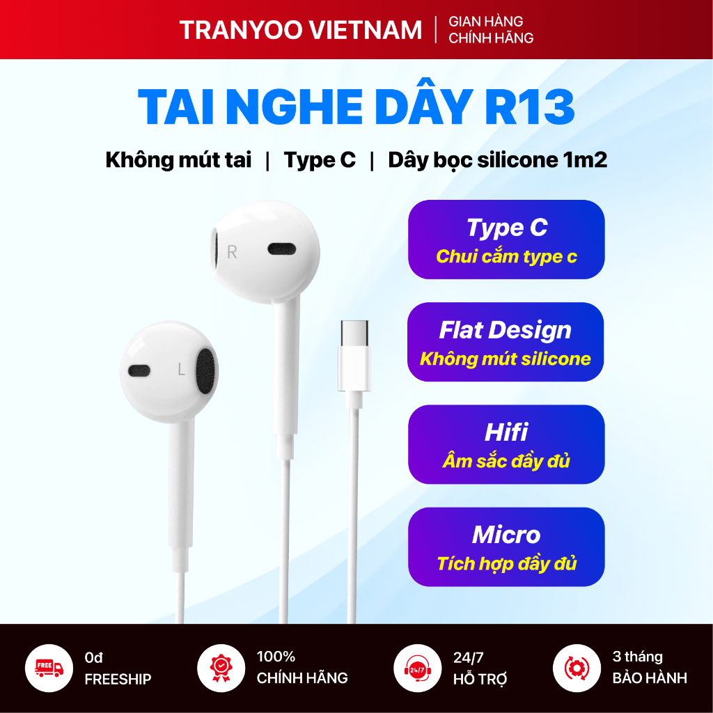 Tai Nghe Có Dây TRANYOO T-R13 Thiết Kế Nhét Tai Đầu Type C Dành Cho Gaming…