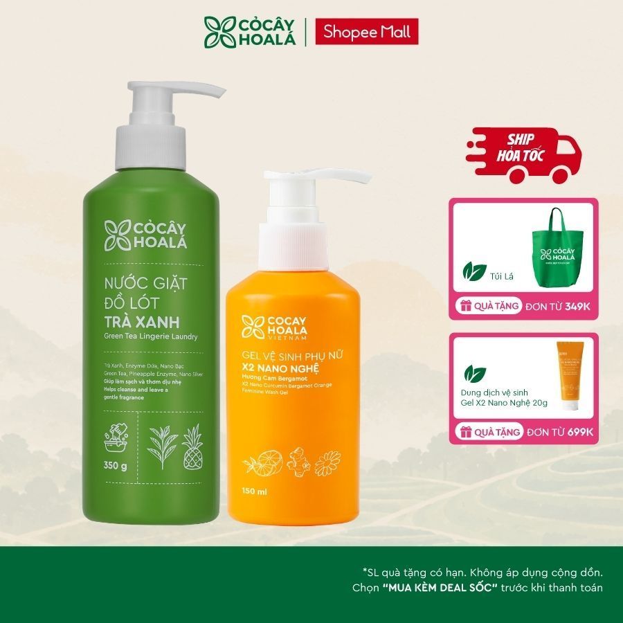 [HỎA TỐC] COMBO Dung Dịch Vệ Sinh x2 Nano Nghệ 150ml Phiên Bản Mới + Nước Giặt Đồ Lót Trà Xanh Cỏ Câ