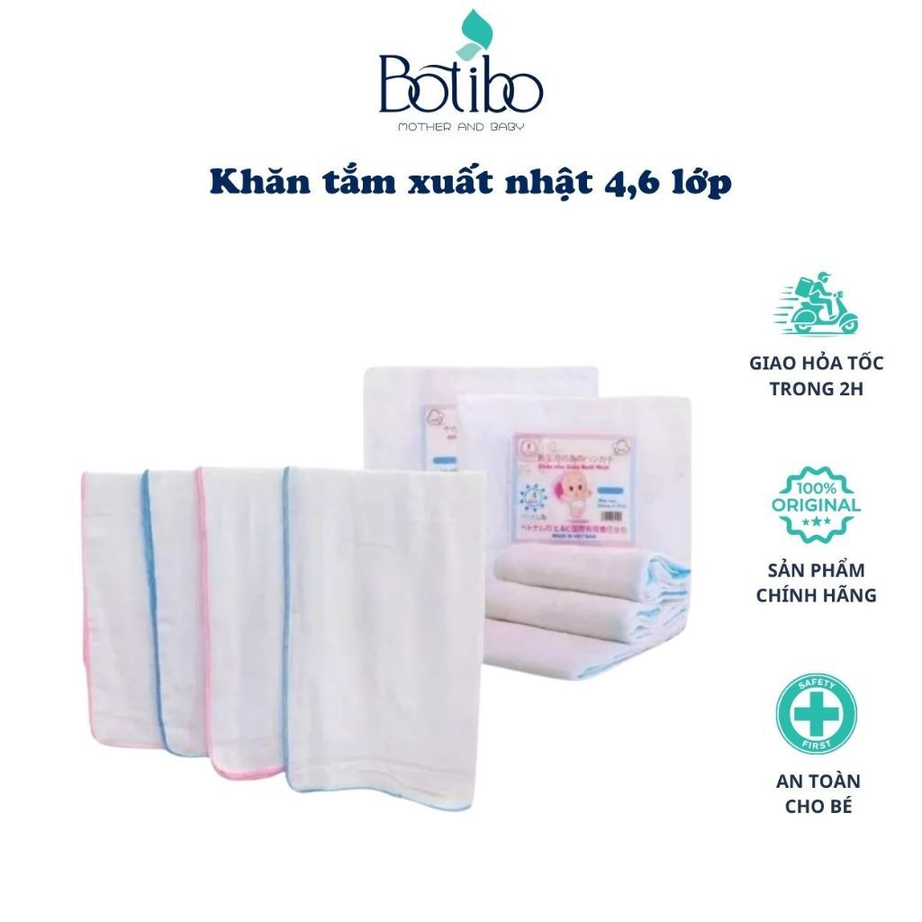 Khăn tắm sơ sinh cho bé xô trắng xuất Nhật 4 lớp / 6 lớp mềm mịn siêu thấm Botibo kids