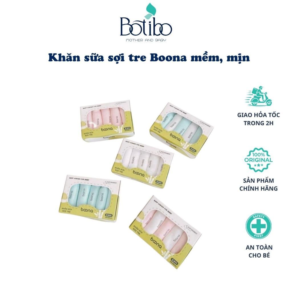 Combo (3Hộp) 5 Khăn Sữa Boona Sợi Tre 2 Lớp Bản Màu Trơn Mềm Mịn An Toàn Cho…