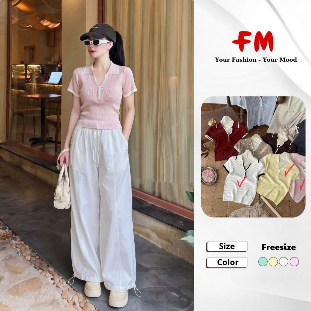 Áo Dệt Kim Nữ FMSTYLE Tay Ngắn Cổ Bẻ Chữ V 3 Nút Viền Màu Dễ Phói Đồ 26080774
