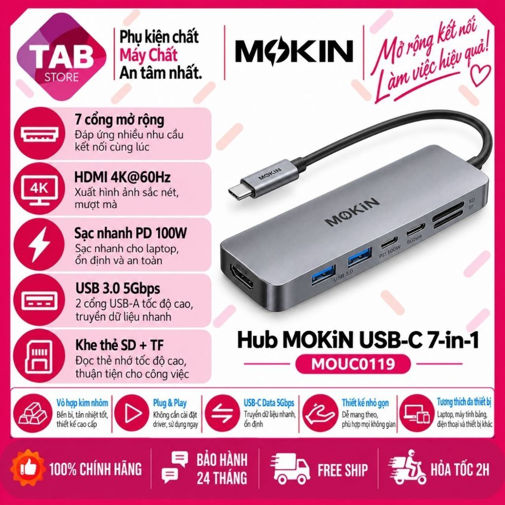 Hub Chuyển Đổi MOKiN USB-C 7-in-1 Xám MOUC0119, HDMI 4K@60Hz, PD 100W - Bảo Hành 24 Tháng