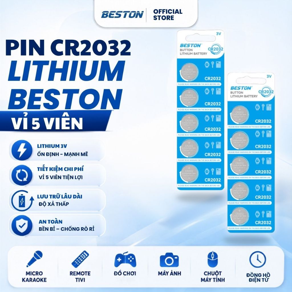 Pin CR2032 Beston cho chìa khóa smartkey Pin cúc áo 3V lithium vỉ 5 viên cho…