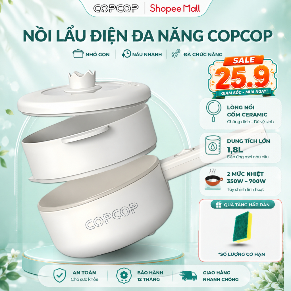 Nồi lẩu điện COPCOP 1.8L đa năng kèm khay hấp tiện lợi, nồi lẩu mini gia đình…