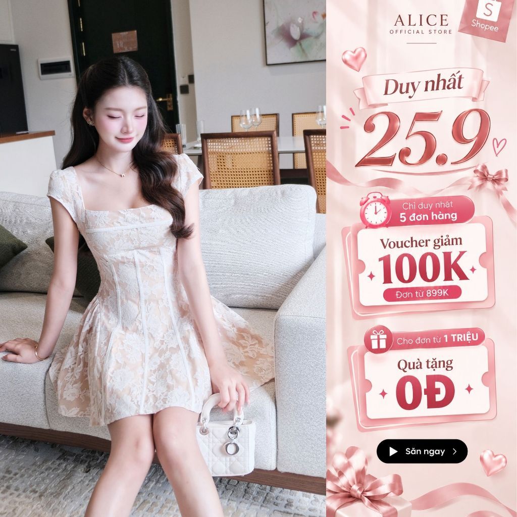 Đầm Ren Cao Cấp Alice, Váy Đáp Cổ Bèo Đính 3 Nơ Dây và Cúc Đá, Tay Bồng Dáng Xòe Sang Chảnh Đi Tiệc T668
