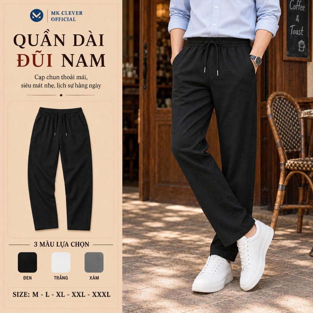 Quần Đũi Lụa Dài Nam MK CLEVER Chất liệu đũi lụa mềm mịn, thoáng mát, nhẹ, cạp chun dây