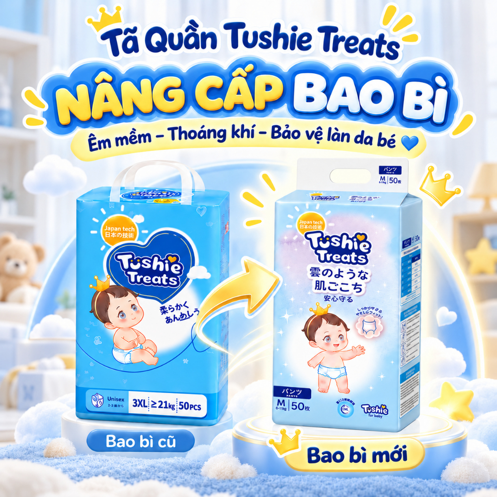 TÃ BỈM/QUẦN Tushie Treats bỉm em bé Công nghệ Nhật bản ôm sát thấm 700ml hút thông thoáng NB/S/M/L/XL/XXL/XXXL