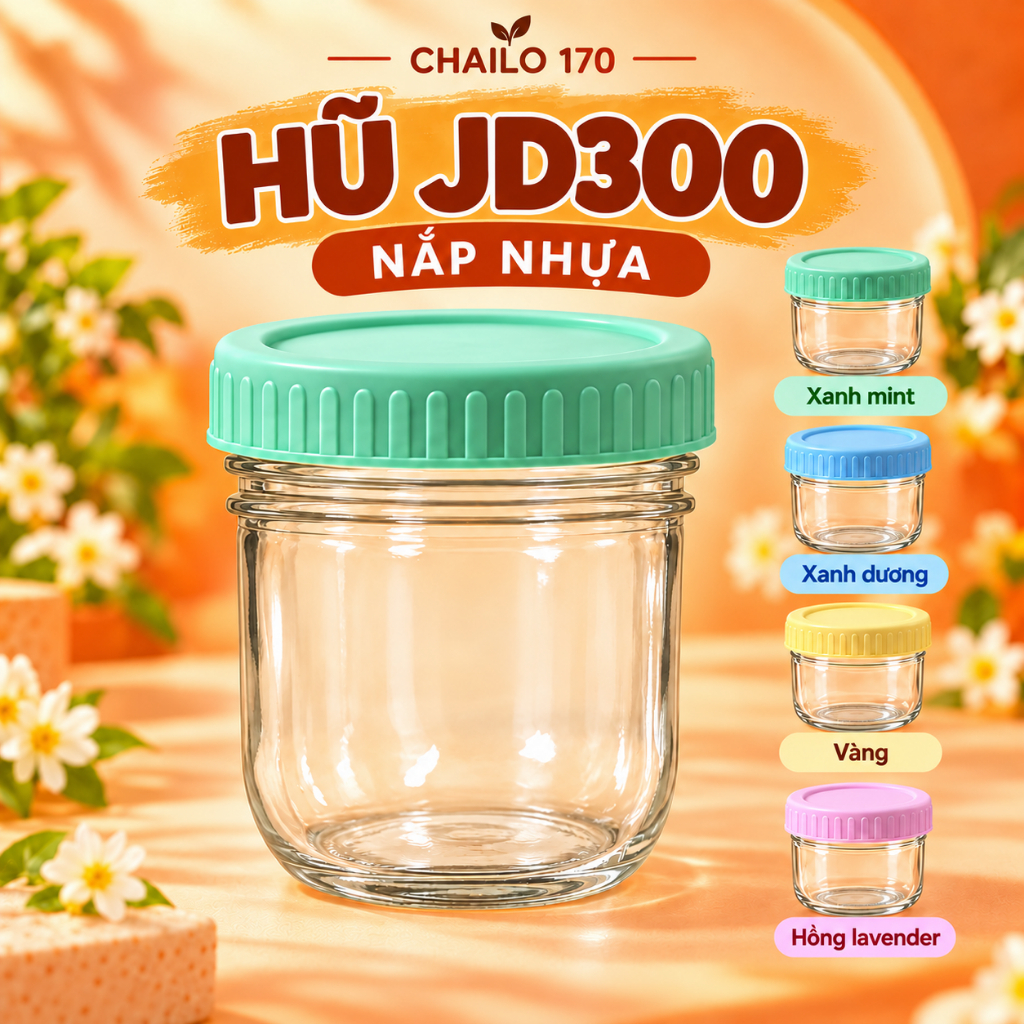 Hũ thủy tinh ngâm yến mạch, Hũ JD Nắp Nhựa 300ml - 500ml Đựng hạt, yến mạch ngâm qua đêm,pate, caramen chailo170