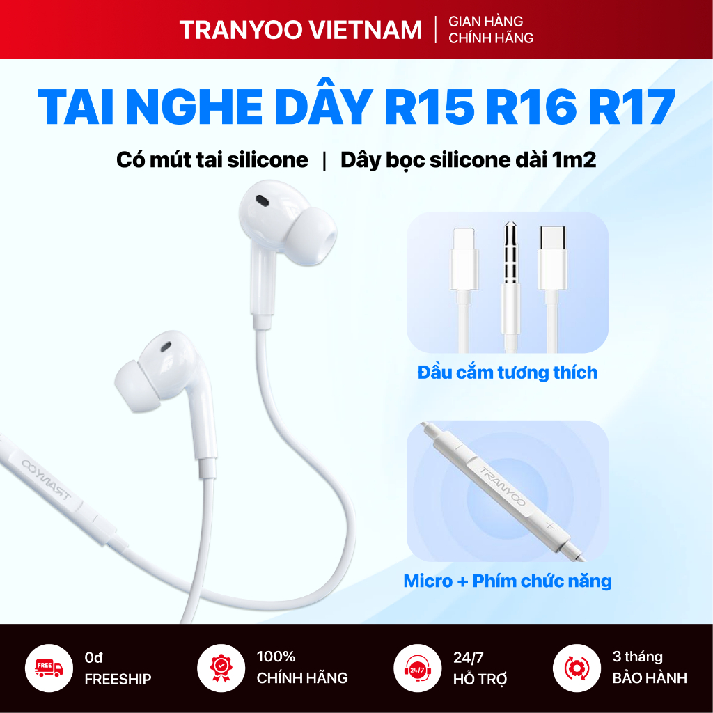 Tai Nghe Có Dây TRANYOO T-R15 R16 R17 Thiết Kế Nhét Tai Mút Silicon Gaming Học…
