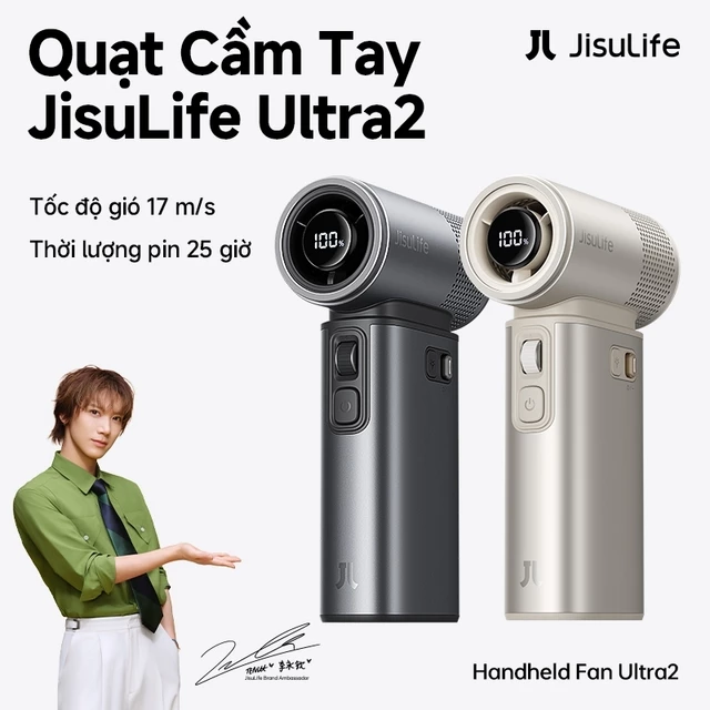 Quạt cầm tay JisuLife Ultra2 đa năng, pin 9000mAh bền, 100 cấp gió mạnh, đèn pin, sạc dự phòng, cắm trại ngoài trời