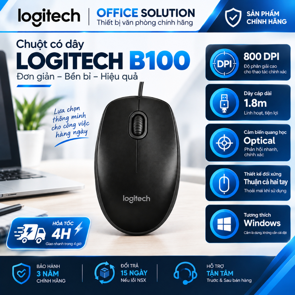 CHUỘT LOGHITECH B100 (CÓ DÂY) BH Chính Hãng 3 Năm