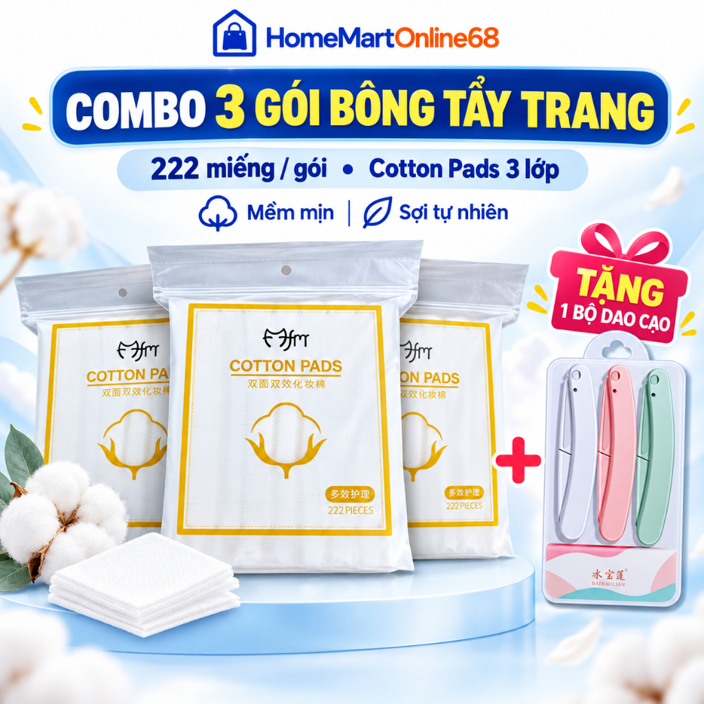 Combo 3 Gói Bông Tẩy Trang 222 Miếng Cotton Pads 3 Lớp Sợi Tự Nhiên Dùng Tẩy Trang Chăm Sóc Da HomeMartOnline68