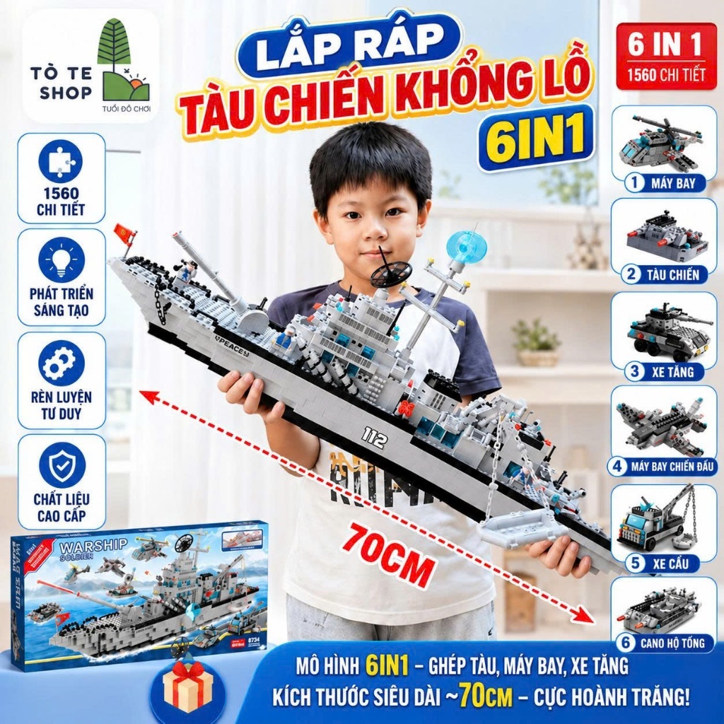 Đồ Chơi Lắp Ráp Tàu Chiến Khổng Lồ 6in1 1560 Chi Tiết, Ghép Mô Hình Tàu Chiến, Máy Bay, Xe Tăng