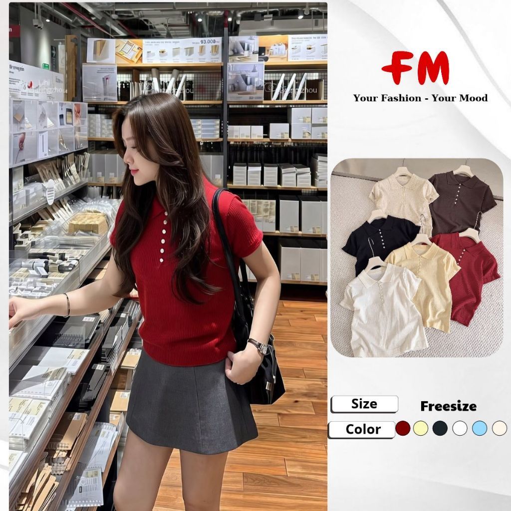 Áo Dệt Kim Tay Ngắn cổ bẻ trơn 6 nút FMSTYLE Freesize Đủ Màu 26080771