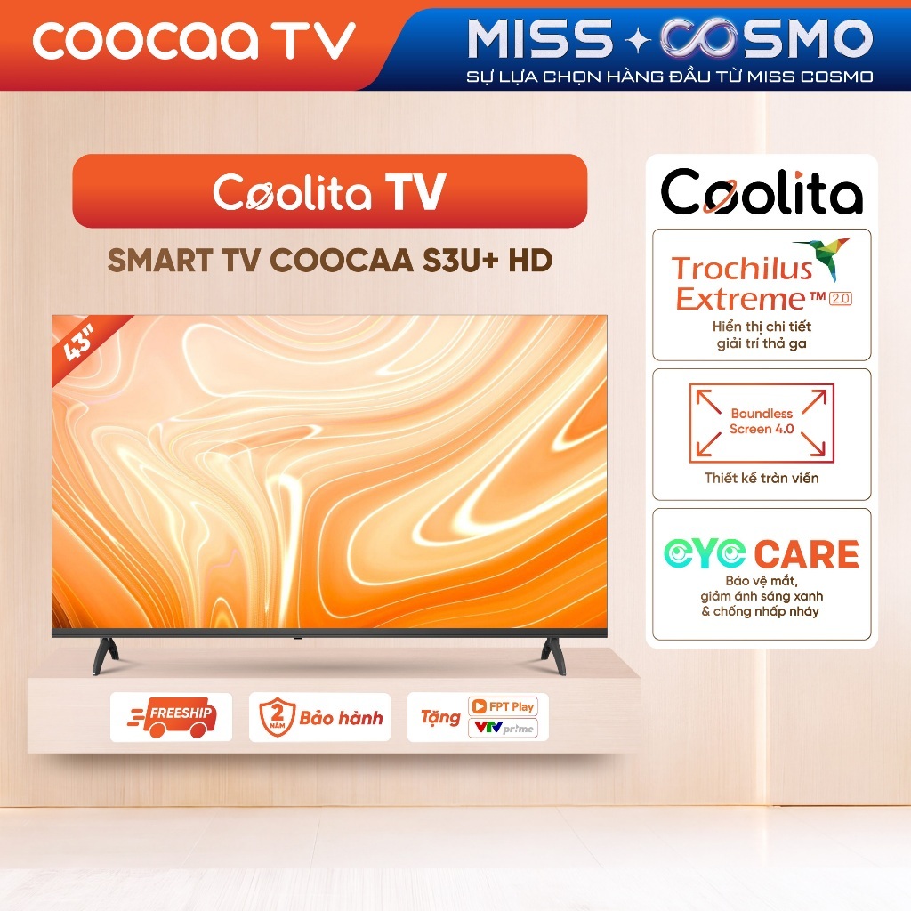 Smart TV COOCAA 43 Inch FHD 43S3U+ | Game Mode | WiFi | 2 HDMI 2 USB | Dolby Audio - Miễn phí lắp đặ