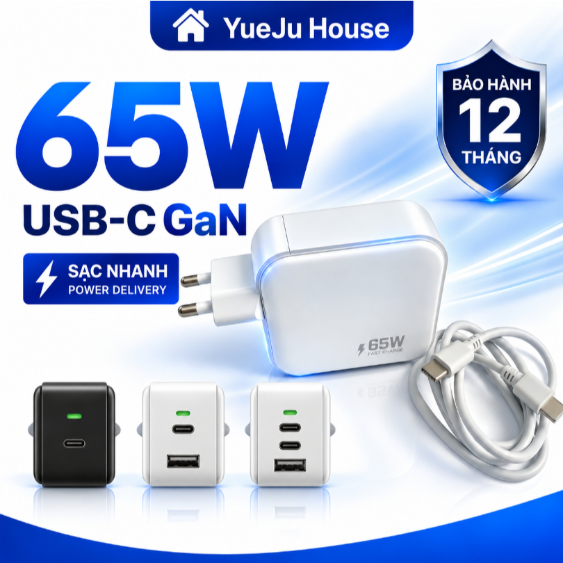 Củ sạc nhanh 65W GaN YueJu USB-C Type-C cho laptop điện thoại, PD 65W, nhiều cổng USB-C USB-A, kèm cáp C-C