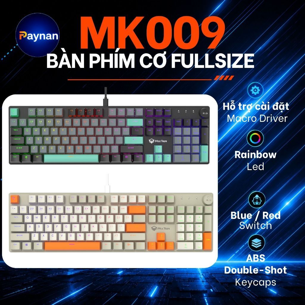 Bàn phím cơ gaming Meetion MK009 Fullsize có Hot-swap(Red/Blue Switch), LED Rainbow, App cài Macro