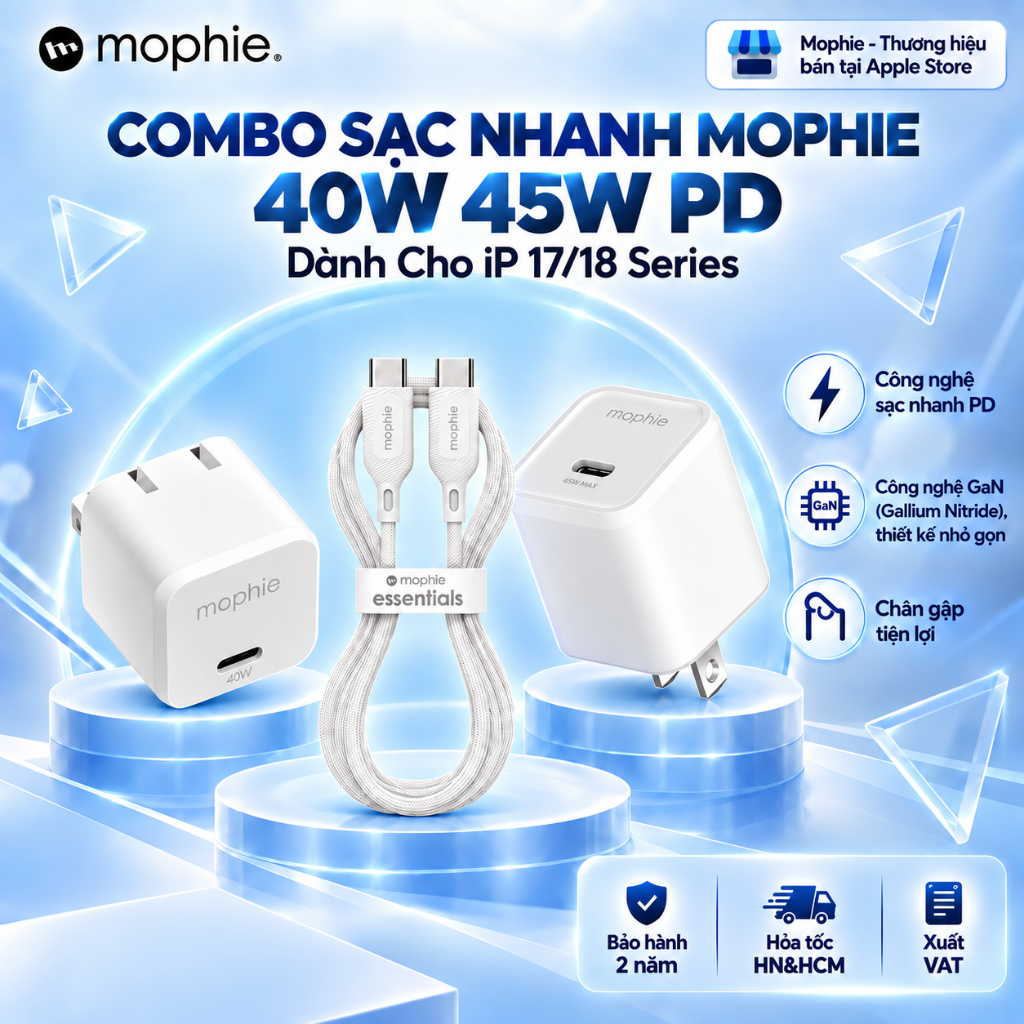 [iP 18/17 Series/Android] Combo Sạc Nhanh Mophie PD 40W 45W Công Nghệ GaN/PPS/AVS, Chân Gập, Bảo Hàn