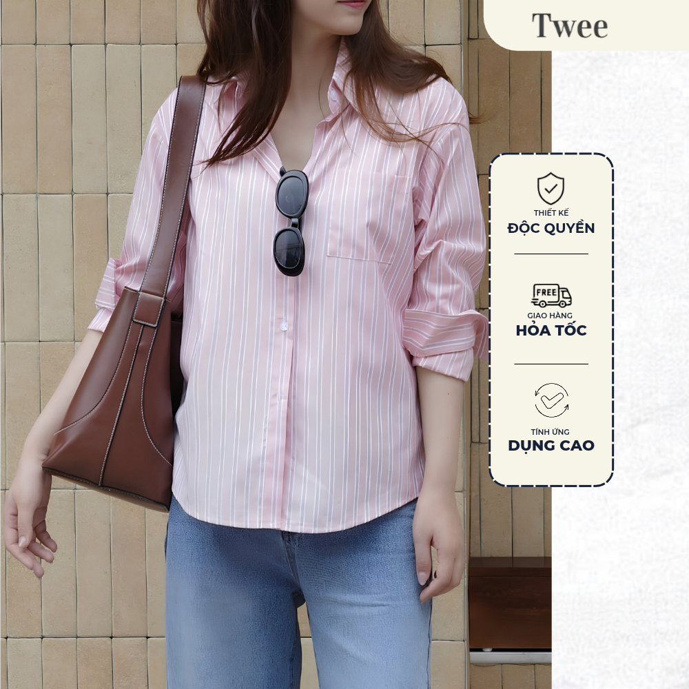 Áo Sơ Mi Hồng Blush, Áo Sơ Mi Nữ Kẻ Sọc Dọc Dài Tay Form Suông Thanh Lịch - TWEE