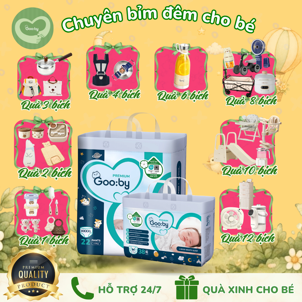 Tã/bỉm quần, dán Gooby Premium - Chuyên gia bỉm đêm, chống trào đến 12h size M/L/XL/XXL cho bé từ 6kg - 24kg