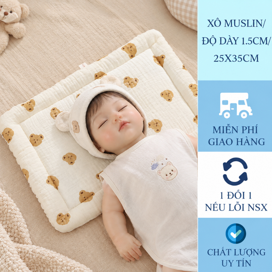 Gối xô muslin chần bông cho bé, gối xô sơ sinh, gối xô cho bé, thấm hút mềm mại size 25*35cm
