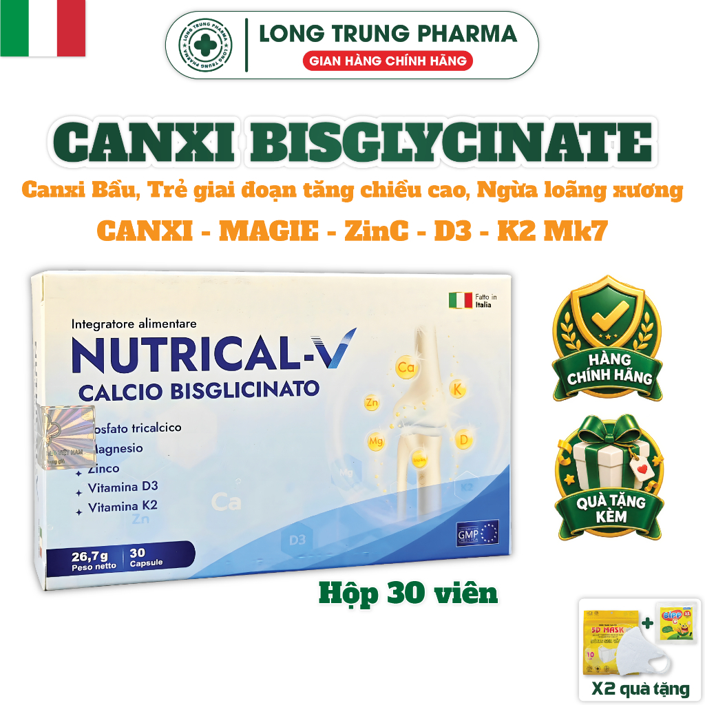 Nutrical V Canxi Hữu Cơ Bisgycinate Cho Bà Bầu, Bổ Sung Calci, Vitamin D3, K2, Magie, Kẽm (Hộp 30 vi