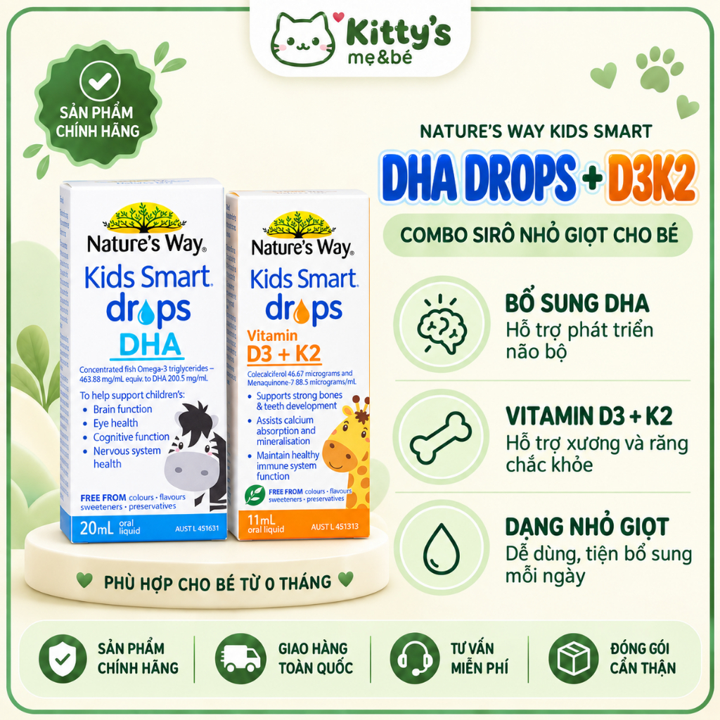 Siro Uống Nature's Way Kids Smart Drops DHA Và D3K2 Bổ Sung DHA, D3+K2, Hỗ Trợ Phát Triển Não Bộ Cho