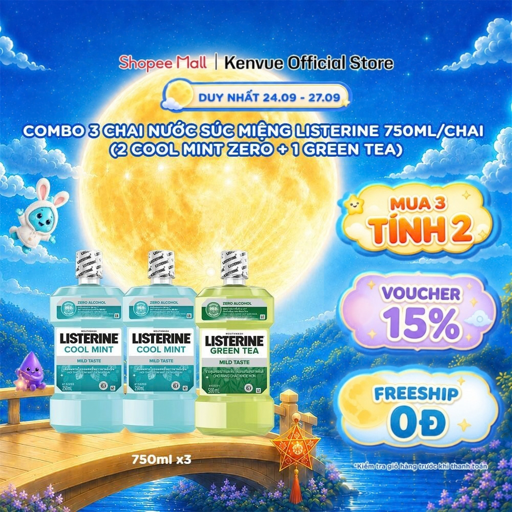 [MUA 3 TÍNH TIỀN 2] Combo 3 Chai Nước Súc Miệng Listerine 750ml/chai (2 Cool Mint Zero + 1 Green Tea