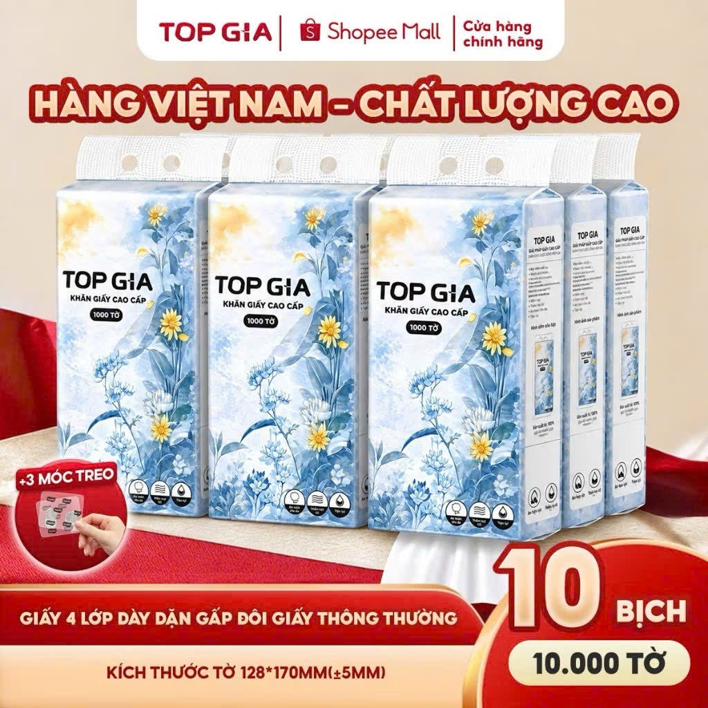 Khăn giấy cao cấp Mộc an Topgia hàng Việt Nam 4 lớp, 1000 tờ tặng 3 móc treo…