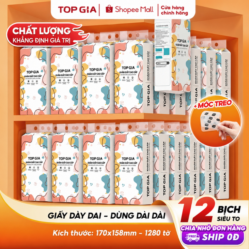 [SIÊU TO, CAO CẤP] Giấy vệ sinh treo tường TopGia thùng 10 12 8 6 bịch đa sắc, combo tiết kiệm 1280 