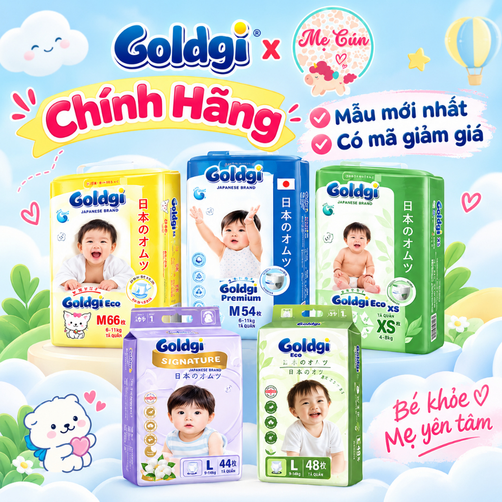 Tã dán, quần Nhật Bản Goldgi Premium, X5, Eco đủ size NB92/S84/M66/M60/L56/L48/XL46/XL44/XXL34