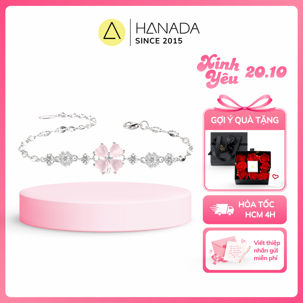 [BH TRỌN ĐỜI] Lắc Tay BẠC 925 Hanada Cỏ Bốn Lá May Mắn Hoa Đá Hồng Đính Đá, Vòng Tay Tiểu Thư Nơ Đá Quà tặng 2833 K16