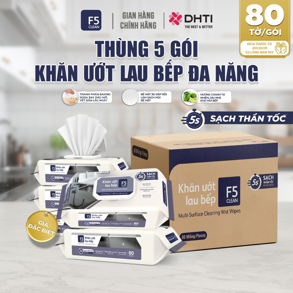 THÙNG Khăn ướt lau bếp F5 Clean gói 80 tờ SIZE TO 20X20cm sạch bóng mọi bề mặt đa năng mềm mại, thàn