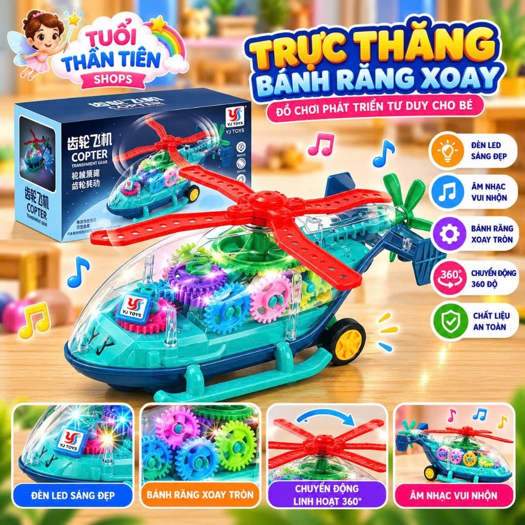 Đồ Chơi Máy Bay Trực Thăng Trong Suốt Cho Bé – Bánh Răng Xoay, Đèn LED, Âm Nhạc, Chuyển Động 360°
