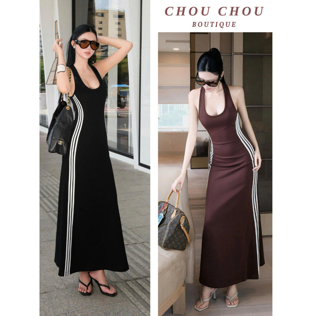 Đầm Thun Ôm Body Phối Kẻ Sọc Hai Bên Sườn Phong Cách Thể Thao Năng Động Màu Nâu Tôn Dáng
