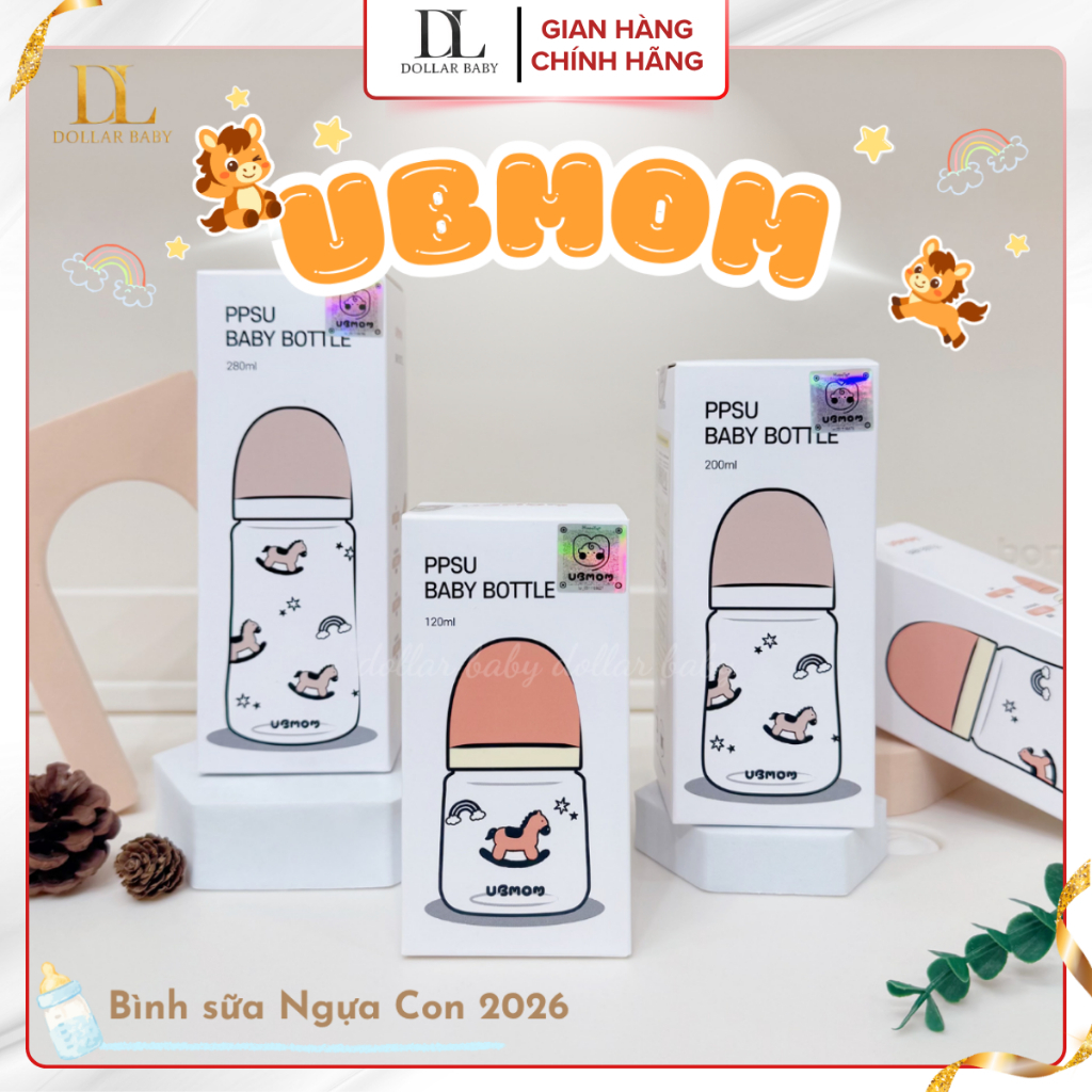 Bình Sữa PPSU UBMOM Họa Tiết Con Ngựa Dễ Thương 120ml/ 200ml / 280ml - Chống Sặc, An Toàn Cho Bé