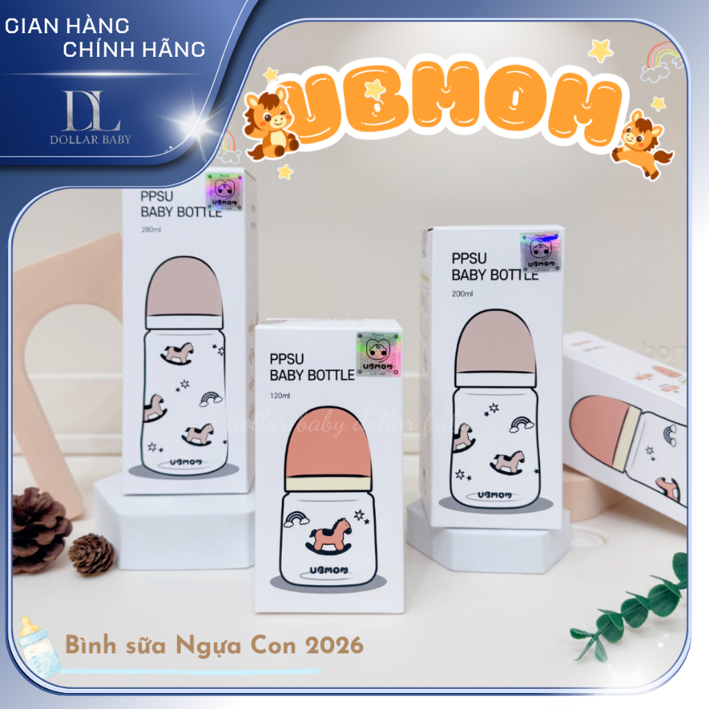 Bình PPSU UBMOM Họa Tiết Ngựa Con Dễ Thương 120ml/200ml /280ml - Chống Sặc, An Toàn Cho Bé