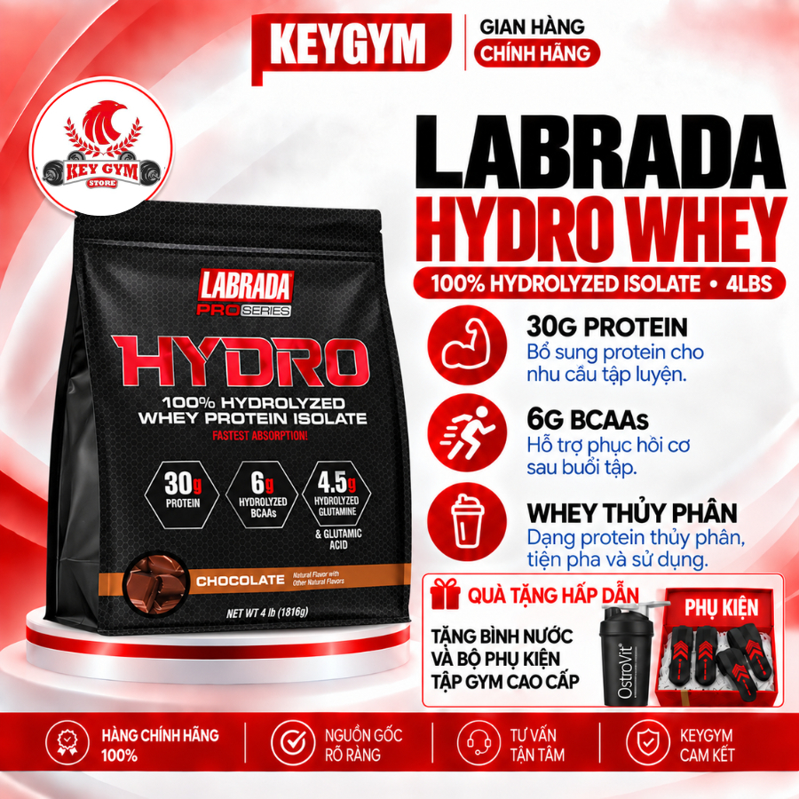 [TẶNG phụ kiện+bình][BBT] Labrada Whey HYDRO (1.8kg) 100%Whey Protein Hydrolyzed Isolate,30g Protein