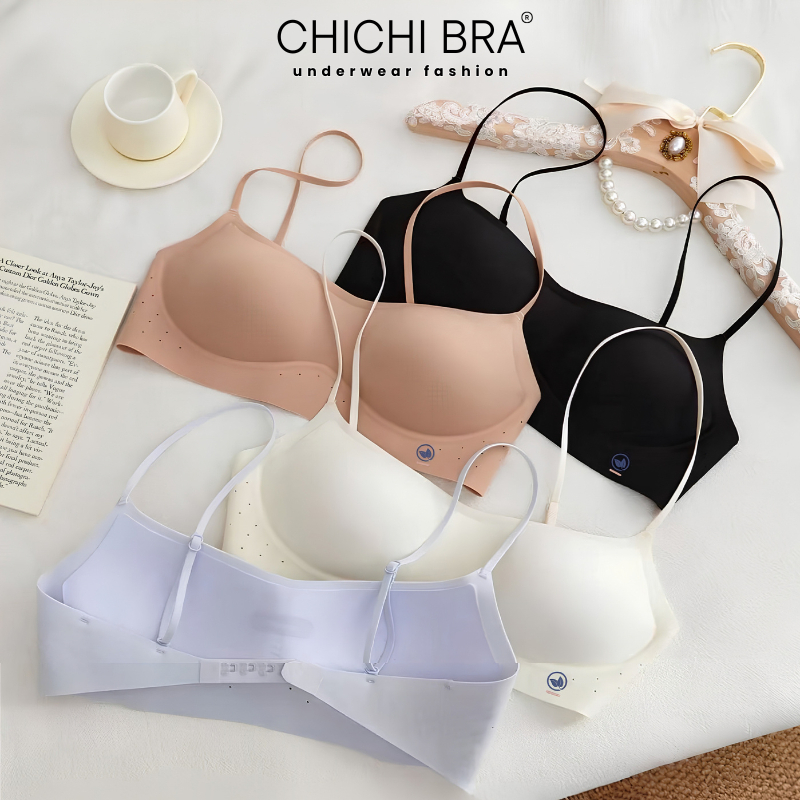 Áo Lót Nữ Su Cổ Vuông Thấp Nửa Quả Mút Mỏng Không Gọng Dây Mảnh Hở Lưng Thoáng Khí Chichibra 8605