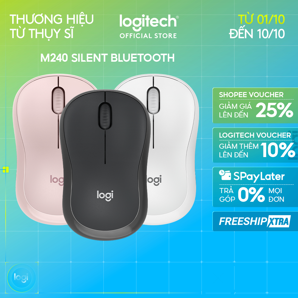 Chuột Bluetooth Logitech M240 Silent - Không dây, Nhỏ gọn, Tương thích Windows, macOS, ChromeOS