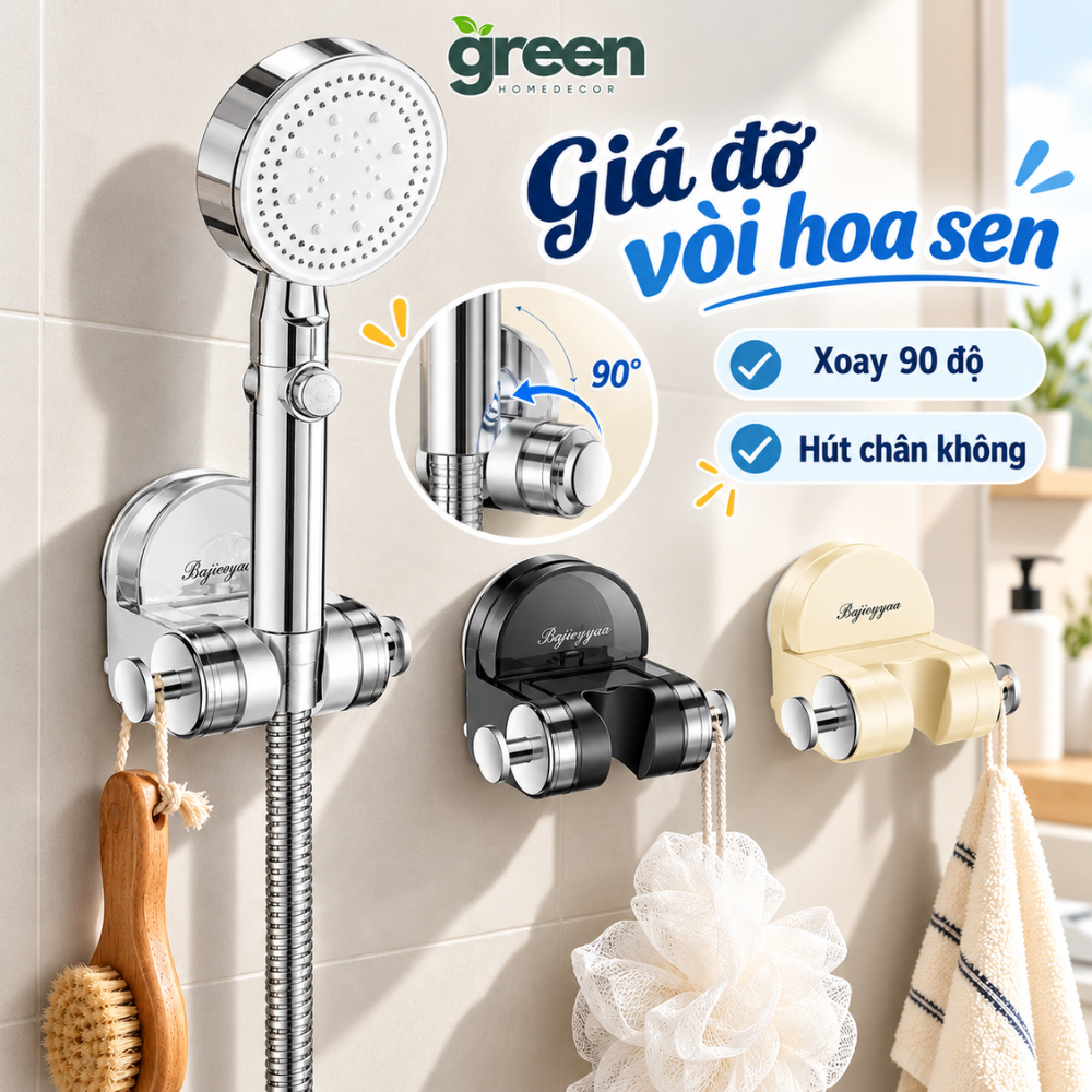 Giá Đỡ Vòi Sen Di Động Xoay 90 Độ GreenHome, Giá Treo Vòi Hoa Sen Cốc Hút Tường Không Cần Khoan