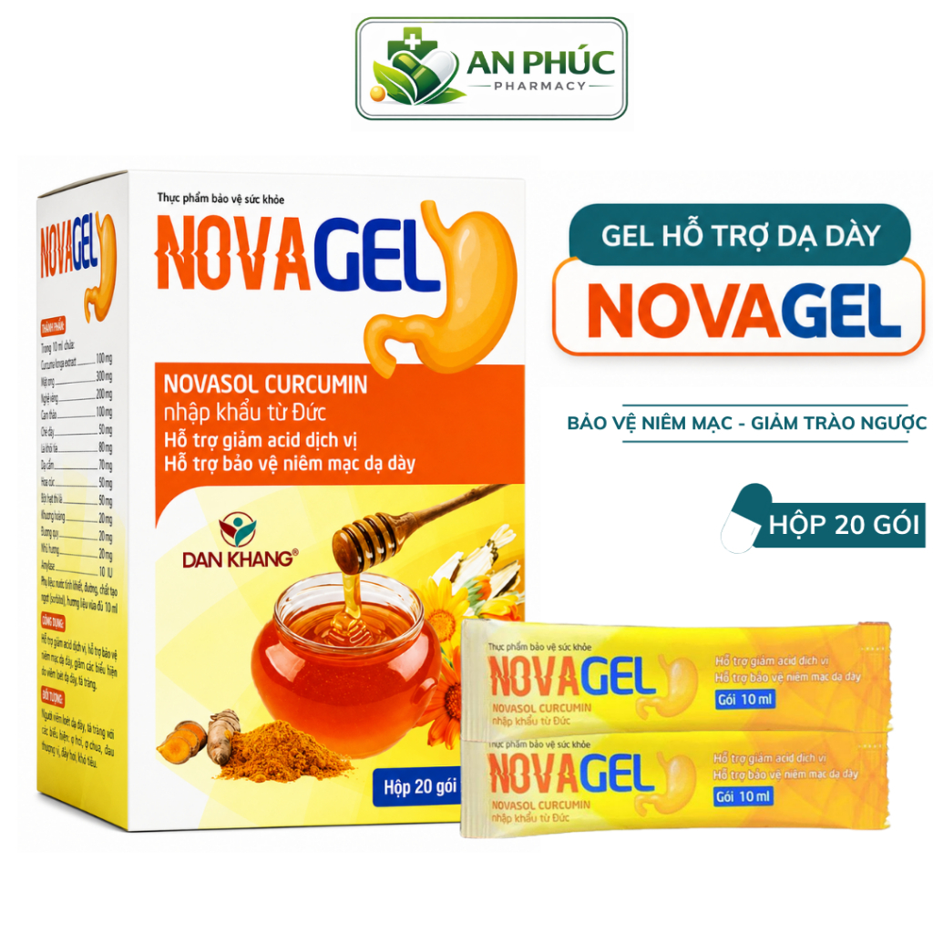 Gel Dạ Dày Novagel Curcumin - Hỗ Trợ Hạn Chế Trào Ngược, Giúp Bảo Vệ Niêm Mạc Dạ Dày, Hộp 20 Gói