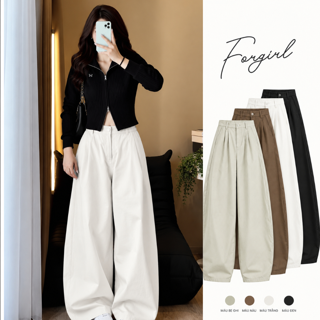Quần Kaki Ống Rộng Dáng Cong Forgirl Cạp Cao Khóa Thun Chất Kaki Mềm Không Nhăn N051