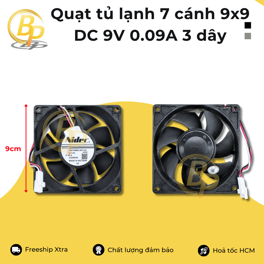 Quạt tủ lạnh 7 cánh 9x9 DC 9V 0.09A 3 dây - Quạt tủ lạnh Nidec 7 cánh - Quạt tủ lạnh Nidec 9V