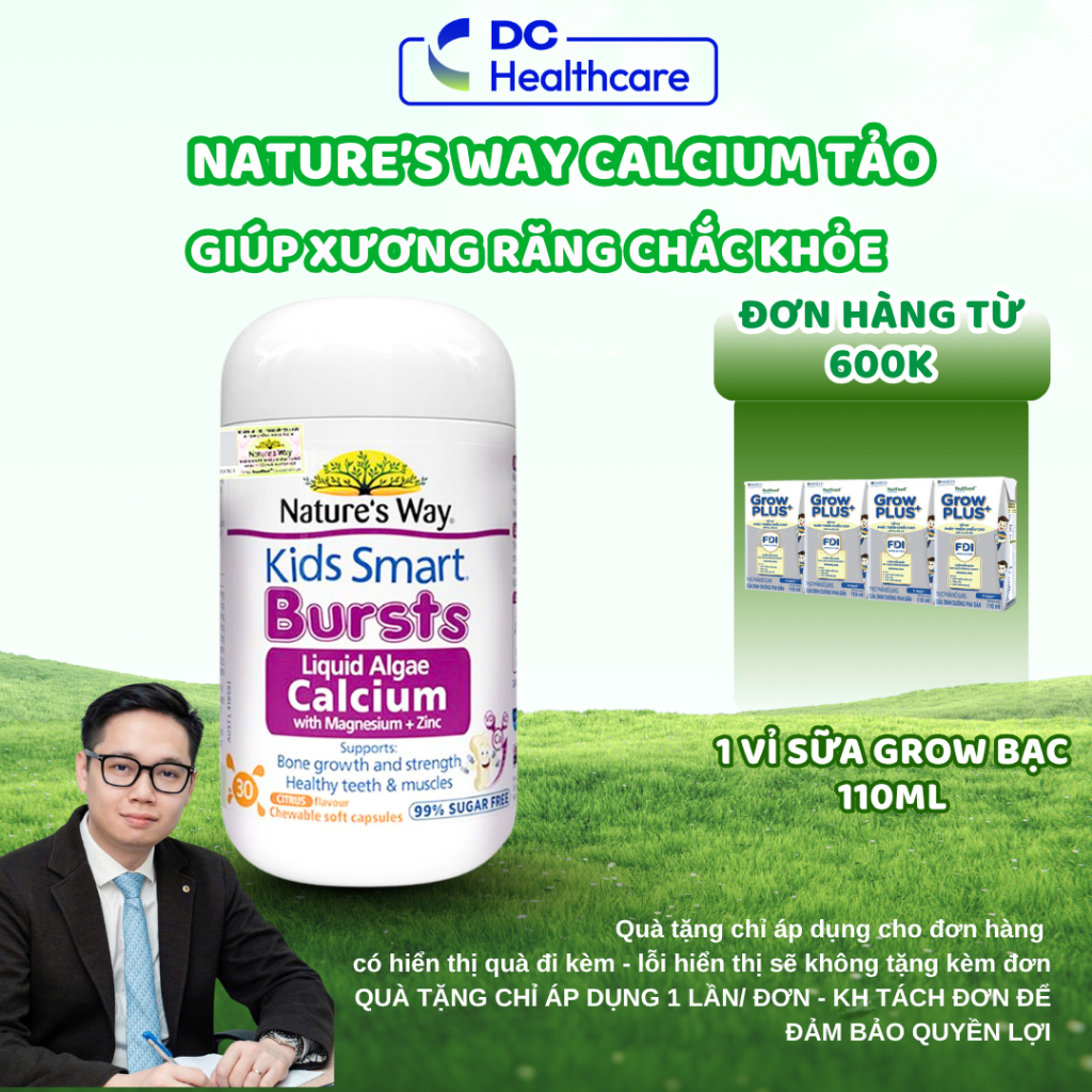 Nature's Way Kids Smart CANXI TẢO NỘI ĐỊA ÚC CHO BÉ - Bổ Sung Canxi, Magie, K2, Bé Khỏe