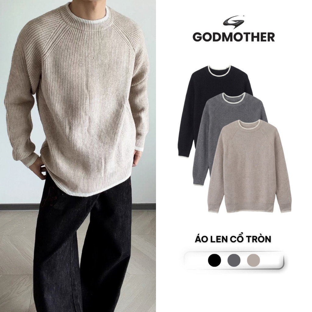 Áo Len Dệt Kim Cổ Tròn GODMOTHER Áo Dài Tay Phối Viền Trắng Trẻ Trung Unisex