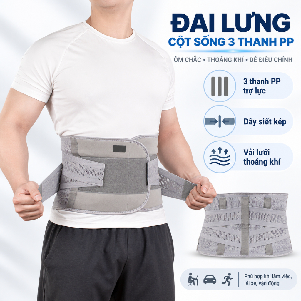 Đai Lưng Cột Sống 3 Thanh PP Dây Siết Kép Thoáng Khí, Hỗ Trợ Đau Lưng Cho Dân…
