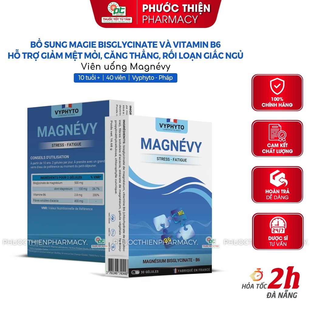 Viên uống Bổ Magie B6 Magnevy Magie bisglycinate Hỗ trợ giảm mệt mỏi căng thẳng stress (40 viên)