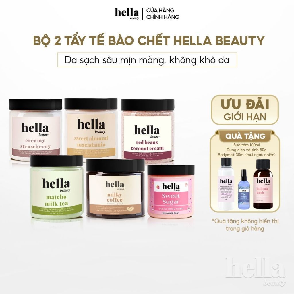 Bộ 2 tẩy tế bào chết body Hella Beauty giúp làm sạch sâu hỗ trợ dưỡng sáng da
